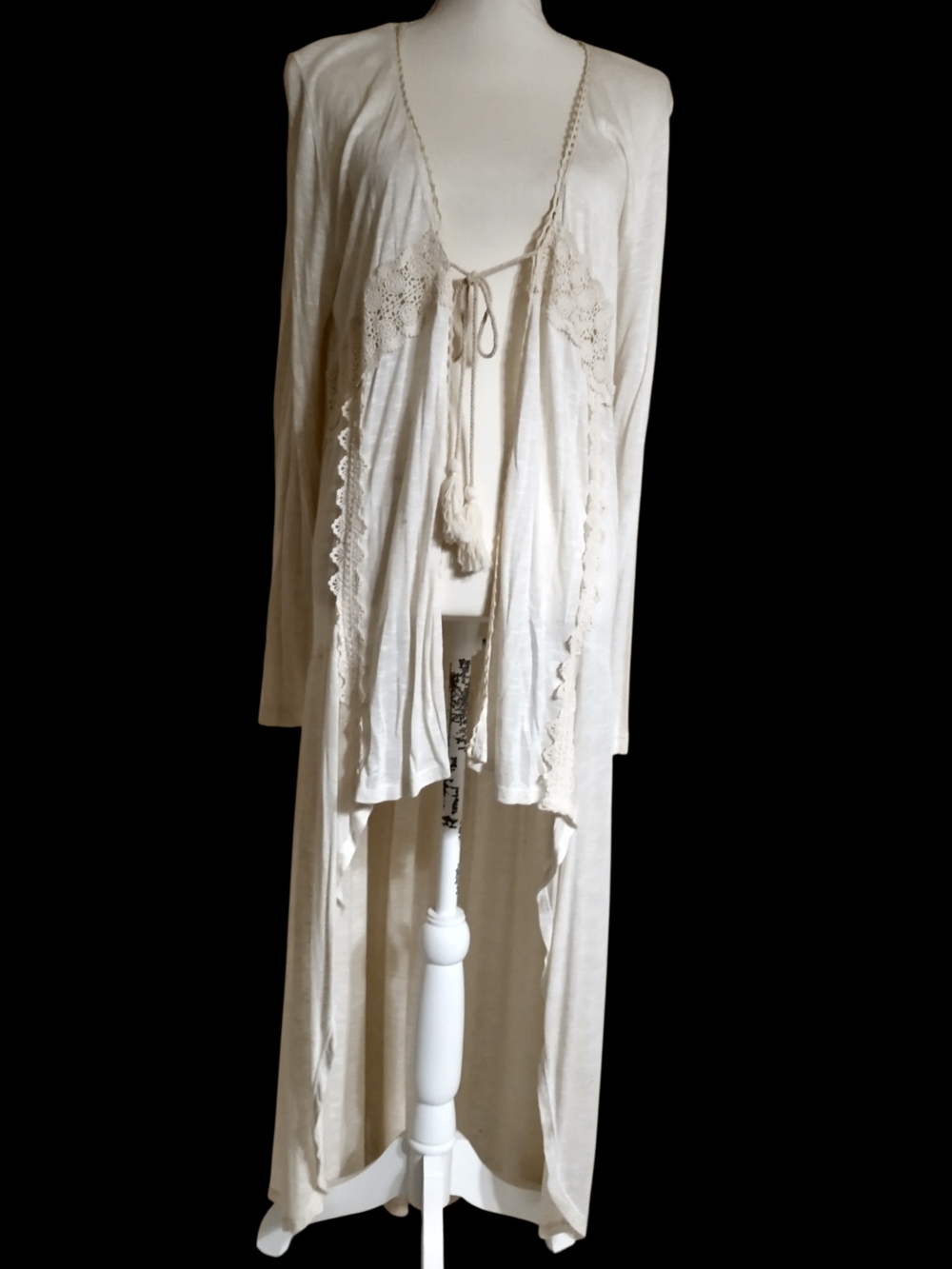 Cream Boho Lace-Trimmed Long Cardigan